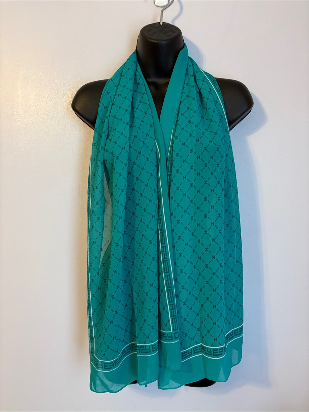 Effy Hematian Rectangular Logo Scarf Teal Sheer